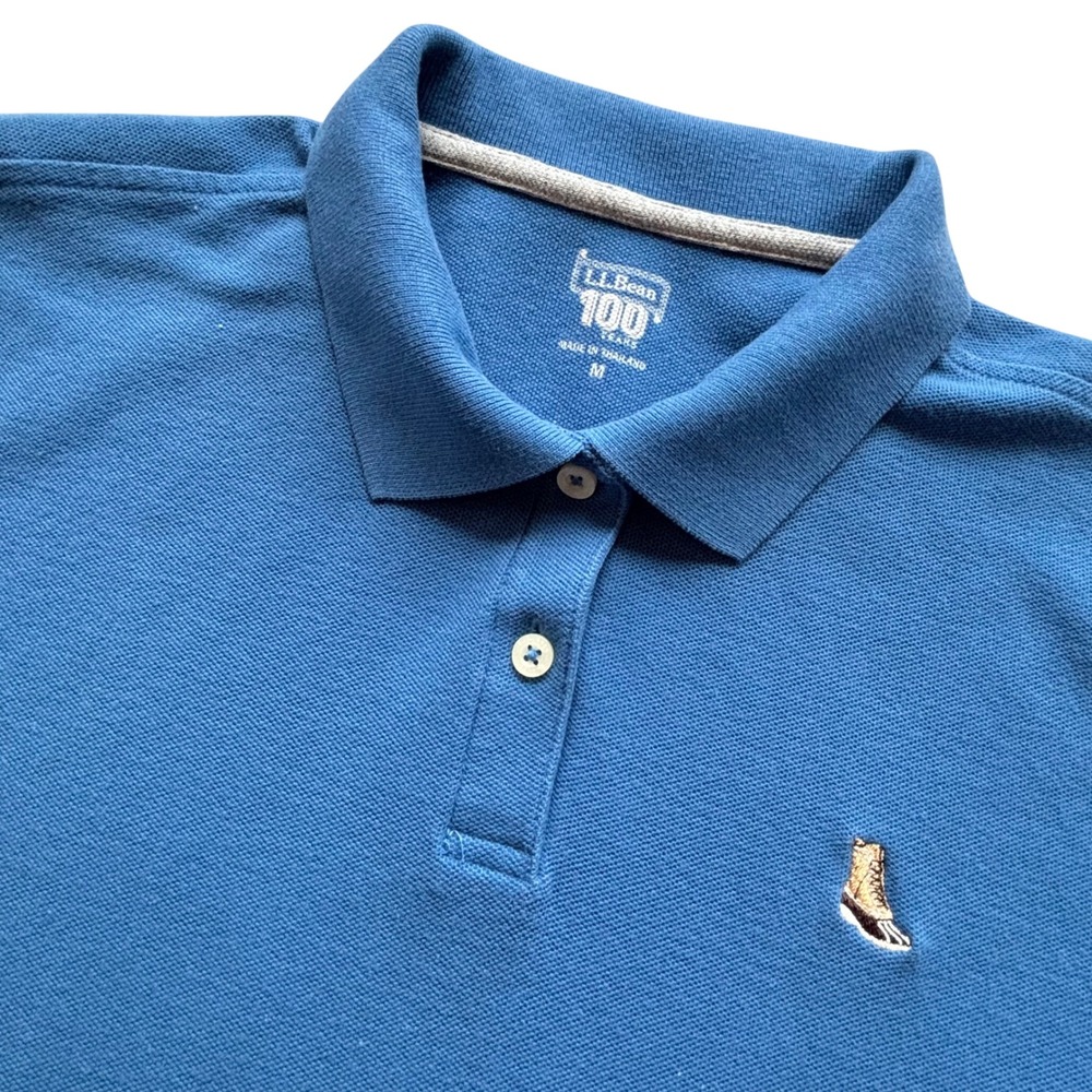 LL Bean Polo Shirt Mens Medium Blue 100 Years Bean Boot Logo Preppy Gorpcore